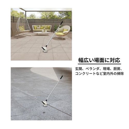 水切り付きデッキブラシ　ミニ ブラシ部分が目立つ斜めからのアングルで、持ち手がしっかりと握られた状態