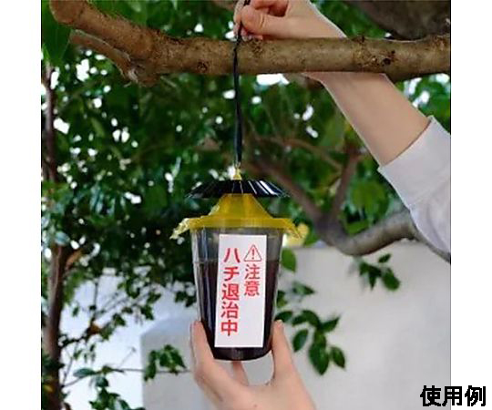 ハチ捕獲器(ハチがホイホイ) 透明な筒状容器が置かれ、内部には小さなハチが複数閉じ込められている様子。