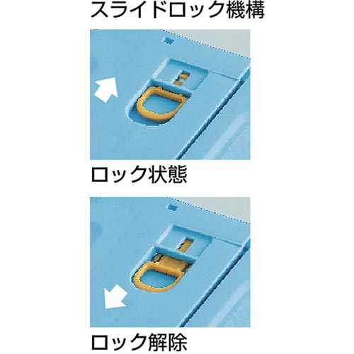 薄型折りたたみコンテナスケル50Lロックフタ付 透明なフタがセットされた折りたたみコンテナが横向きに置かれている様子