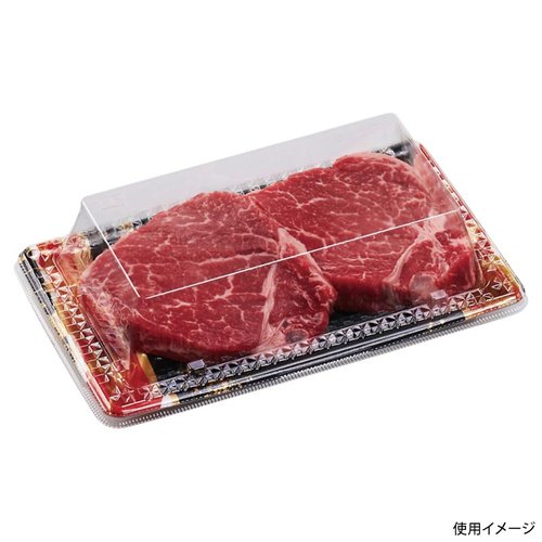 刺身容器 Sステージ19-11 本体 流華赤 エフピコ 赤いストライプが施された透明な容器の正面からのビュー