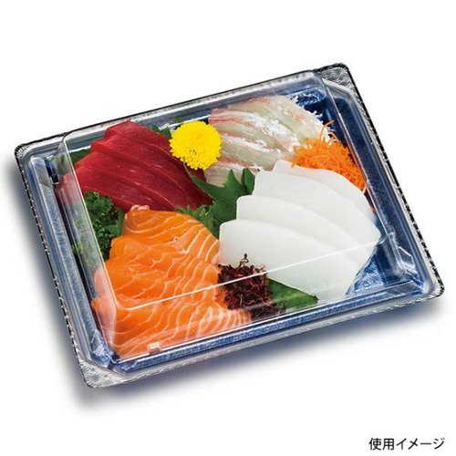 刺身容器 バイオPET 美枠 20-17B 箔おし銀 リスパック 透明なプラスチック容器に収められた鮮やかな刺身の盛り付け