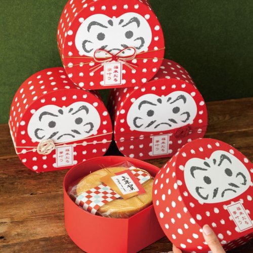 ギフト箱 エンギモノ貼箱-M ダルマ(4個) ヘッズ 上部から見下ろしたパッケージの並びと鮮やかな色合い