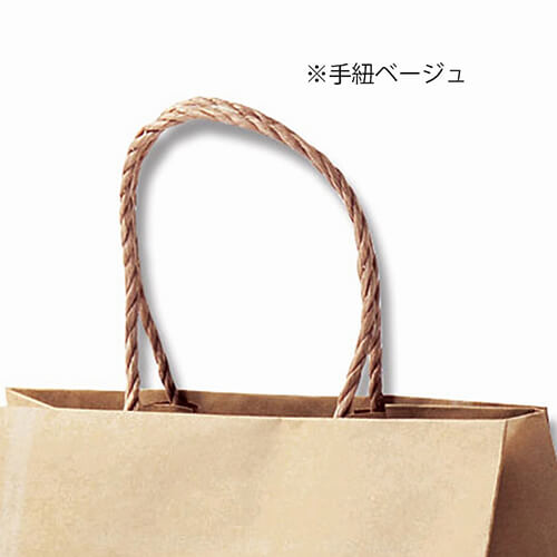 手提げ紙袋（ルパン 茶・口折丸紐・幅250×マチ150×高さ150mm） 口折りと丸紐の持ち手が特徴の茶色い紙袋が1点、正面を向いて自立している様子
