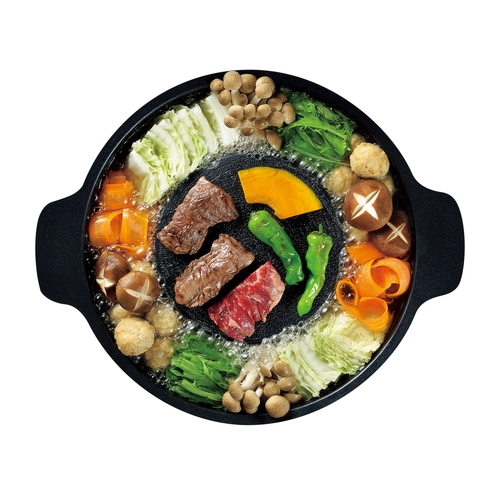 ふっ素樹脂加工アルミ鋳物製　焼きしゃぶ鍋　28cm 表面がツルツルとした光沢のある鋳物鍋が上から見える状態