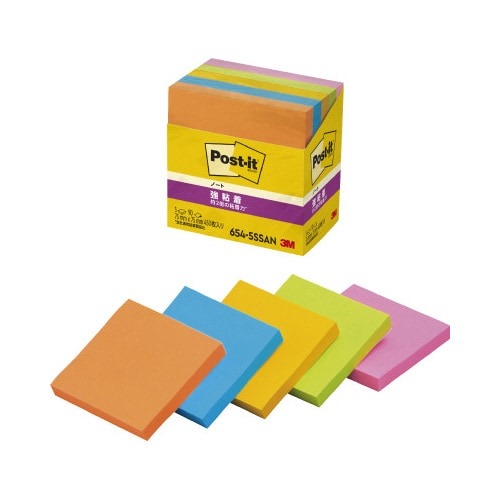 ポストイット　強粘着７５×７５　ネオン混色　５冊画像