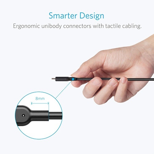 ANKER　PowerLine　II　USB-C&USB-A　ケーブル(USB3.1　Gen2対応)　0.9m　ブラック　1本 ロゴ部分が見える状態で側面から撮影されたケーブルの全体像