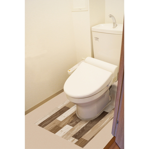 トイレマット　防水保護シートトイレ床用　BKTY-9080　LBR　ライトブラウン 柔らかなテクスチャーのライトブラウンマットが、トイレ床に敷かれた様子。
