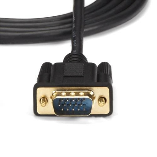 HDMI-VGAアクティブ変換ケーブルアダプタ　1.8m　1920×1200/1080p　1本 ケーブルのコネクタ部分がクローズアップされた様子、明るい背景に対してスチールの質感が際立つ。