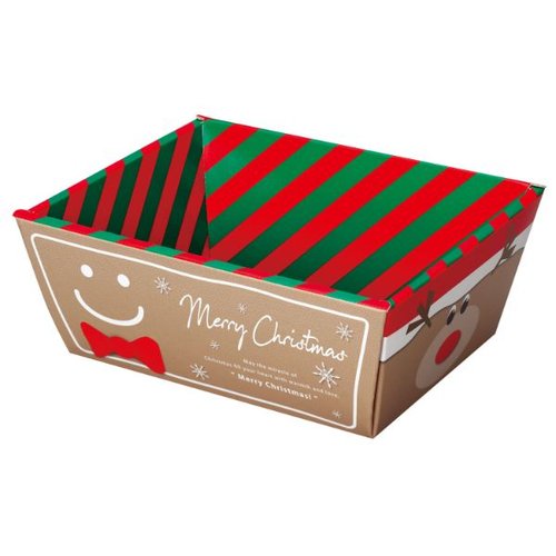 ギフト箱 20-1956 クリスマスバスケットM ヤマニパッケージ クリスマスデザインのラッピングが施されたバスケット状のギフト箱が横向きに置かれている様子