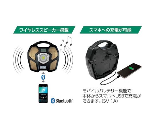 BERUF BTK-1301RBT スピーカー付ポータブルワークライト 明るいライトが点灯している状態で、スタンドに置かれたデザインが見える。