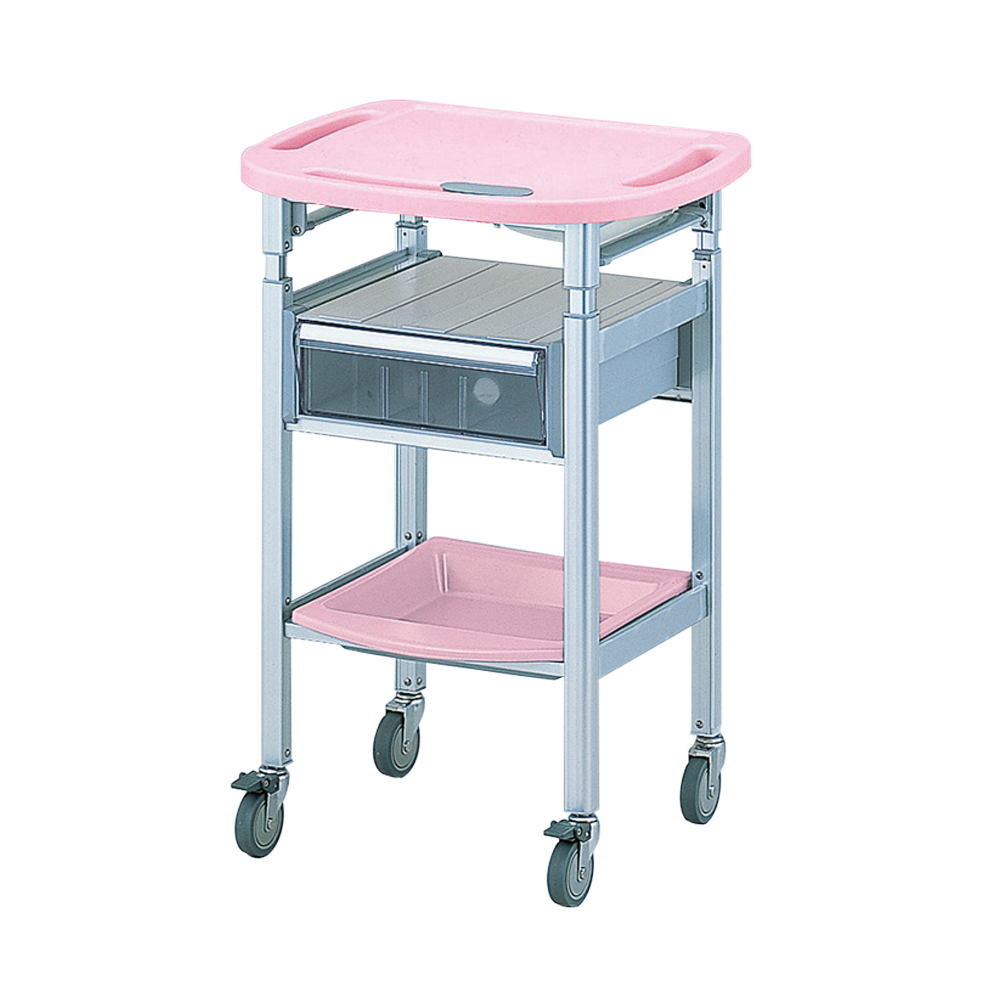 パソコン処置カート　昇降式(引出し付き)　ピンク画像