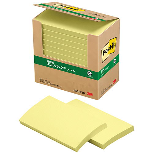 ﾎﾟｽﾄ･ｲｯﾄ ｴｺﾉﾊﾟｯｸ ﾉｰﾄ 再生紙 75×127mm ｲｴﾛｰ 1ﾊﾟｯｸ(12冊)画像