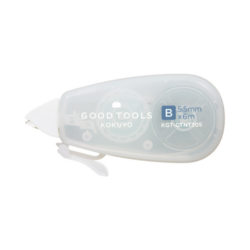 修正テープ GOOD TOOLS 透明なテープががらんとした容器に収められ、細長い形状が見える状態