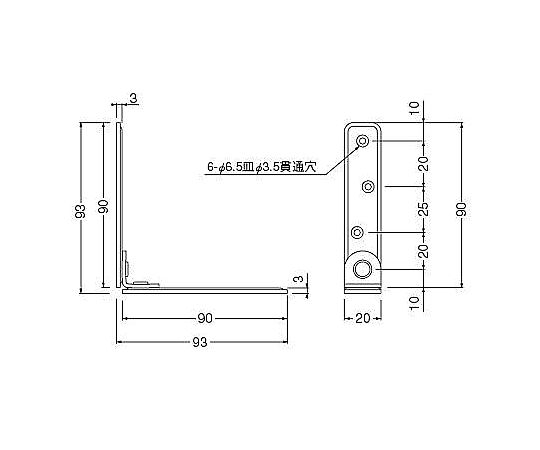 90x90x20mm 家具転倒防止金具(クロメート/2個) 商品のパッケージが正面から見える状態で、金具の特徴が明確に見える。