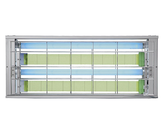 捕虫器 ムシポン 20W×2灯 吊下型 オールステンレス 大量捕獲型 黒い金属製のフレームに二つの光源が取り付けられた吊下式デザイン