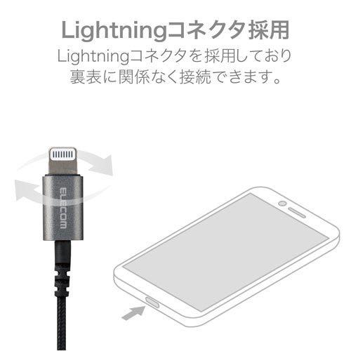 マイク付ライトニングイヤホン/LFS12Cブラック ケーブルが絡まった状態のイヤホンとマイクの部分が強調されている