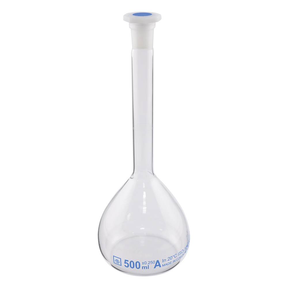 メスフラスコ樹脂栓付き 500mL