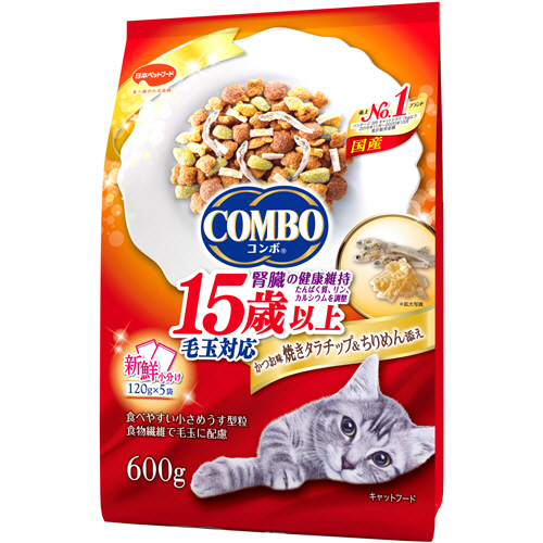 ｺﾝﾎﾞ ｬｯﾄ毛玉対応 15歳以上 かつお味･焼きﾀﾗﾁｯﾌﾟ･ちりめん添 600g 1ﾊﾟｯｸ画像