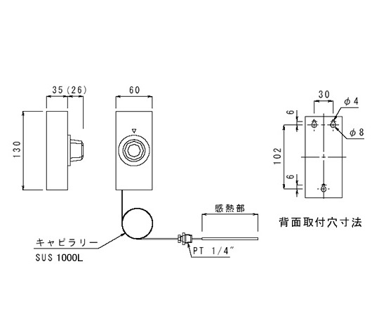 液膨張式サーモスタット用ボックス シルバーの外装を持つ箱が、直立した状態で写っている。
