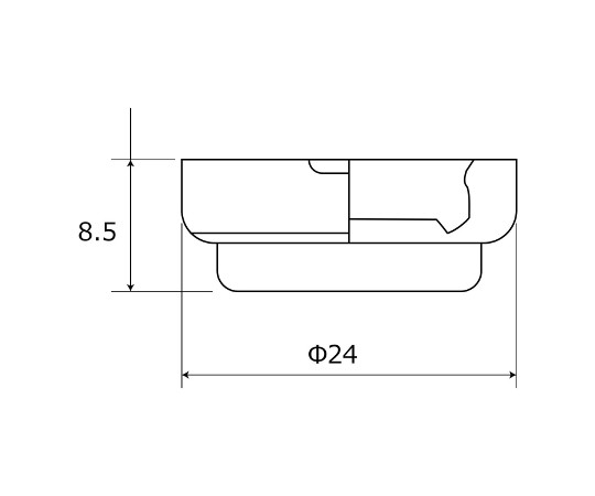 イス脚に打つ！　取替用　打ち込み式フェルト　本体幅24mm　4個入 パッケージが正面から見える状態で、各フェルトとそのサイズが確認できる。