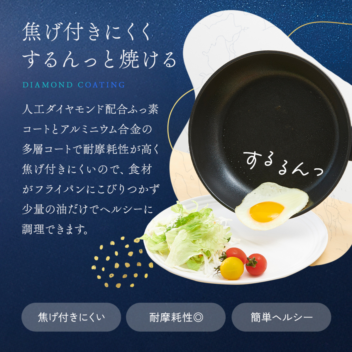 軽量IHダイヤフライパン20cm 持ち手が見え、表面に光沢のあるシンプルなデザイン