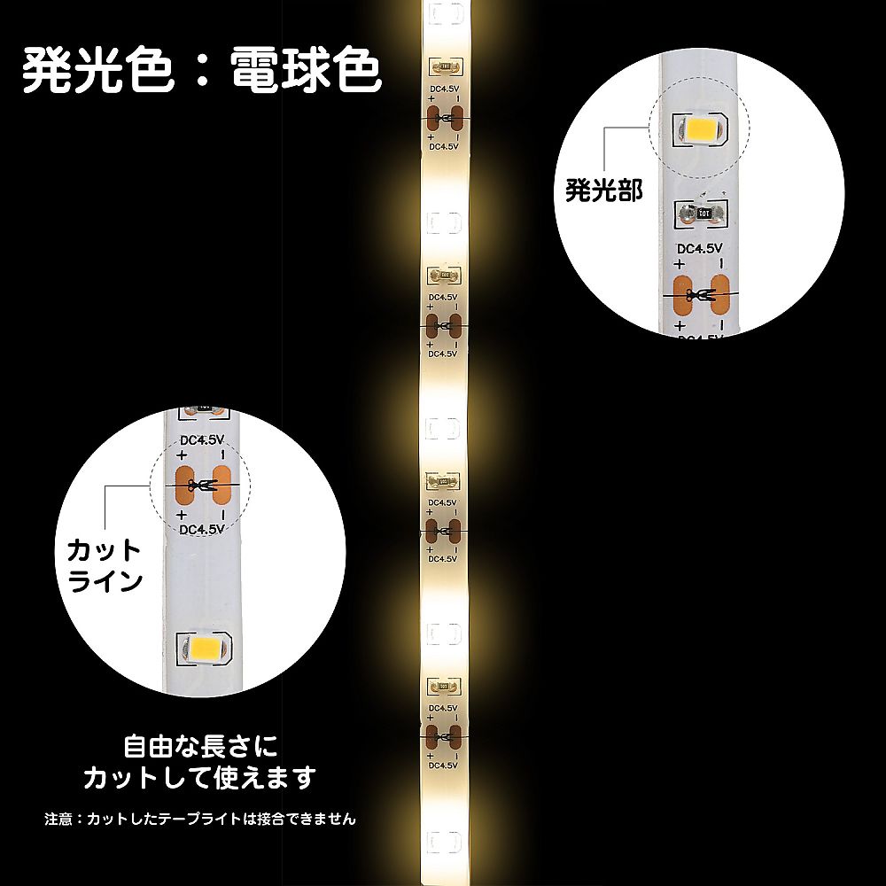LEDテープライト（USBタイプ）1.5m　電球色 テープライトが巻かれた状態で、柔らかな電球色の光を放っている様子
