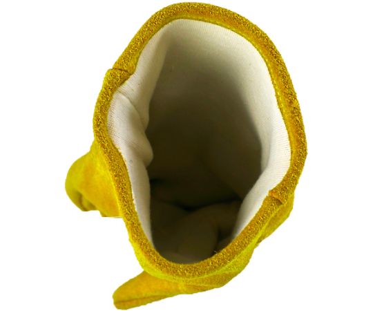 キャンプ用 牛床革背縫手袋 フックホール付 L 厚手の革素材が使用された手袋の側面、フックホール付きのデザインが見える状態