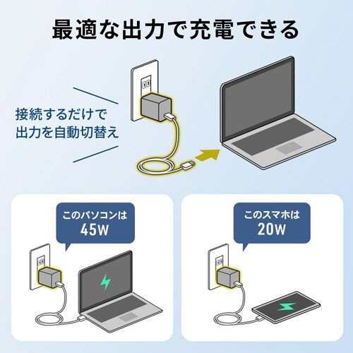 USB PD対応キューブ型AC充電器 Type-Cケーブル付属 45W ブラック 1個 滑らかなブラックの表面を持つキューブ型の充電器が正面を向いている状態