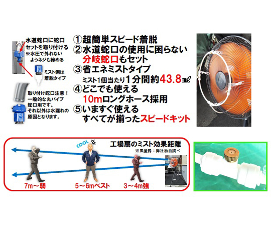 工場扇用装着ミスト　スピードキット 透明なタンクとノズルが付いたミスト装置が見える状態