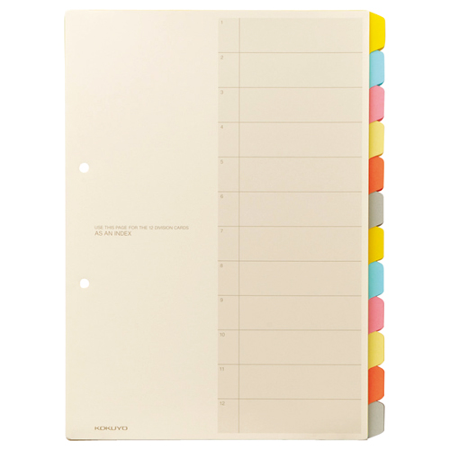 ｶﾗｰ仕切ｶｰﾄﾞ(ﾌｧｲﾙ用･12山見出し) A4ﾀﾃ 2穴 6色+扉紙 1ﾊﾟｯｸ(5組)画像