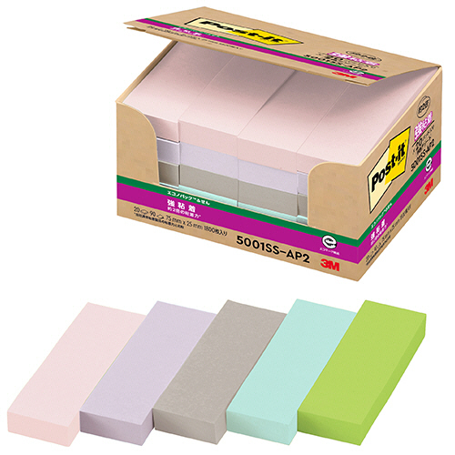 ﾎﾟｽﾄ･ｲｯﾄｴｺﾉﾊﾟｯｸ強粘着ふせん 再生紙 75×25mm ﾊﾟｽﾃﾙｶﾗｰ5色 1ﾊﾟｯｸ(20冊)画像