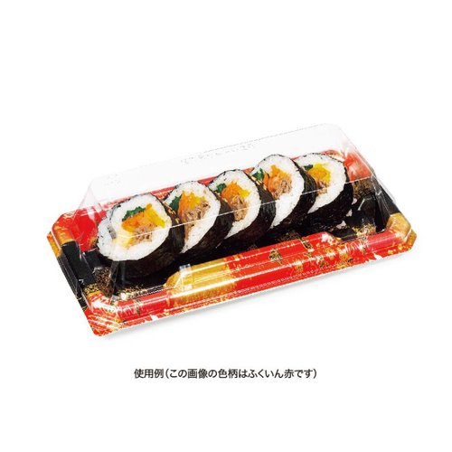 寿司容器 至粋 1-4 B ふくいん青 リスパック 透明な容器が横向きに置かれ、鮮やかな青色の蓋が開いている様子