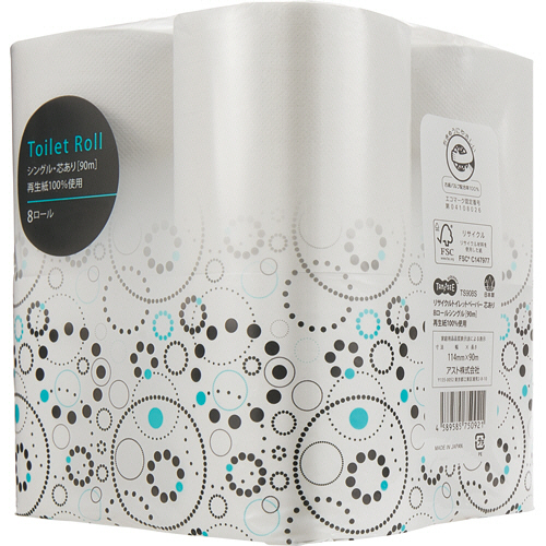 ﾘｻｲｸﾙﾄｲﾚｯﾄﾍﾟｰﾊﾟｰ ｼﾝｸﾞﾙ 芯あり 90m 1ｹｰｽ(96ﾛｰﾙ:8ﾛｰﾙ×12ﾊﾟｯｸ)画像