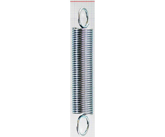 ユニクロメッキ　引バネ　線径1.2mm×外径12mm×自由長70mm 金属的な光沢のあるバネが、円形でゆるやかに弯曲している様子