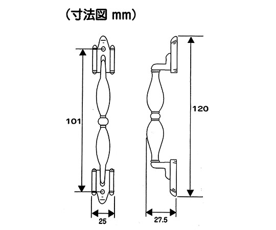 No800　取手　120mm　GB 光沢のある金属製の取手が、斜め上から見える状態
