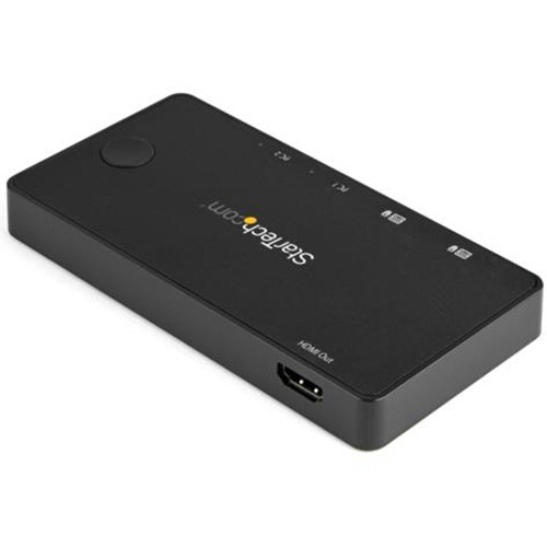 USB-C対応2ポートパソコン切替器　ブラック　1個 黒い本体が前面に、USB-Cポートが2つ並んでいる様子。