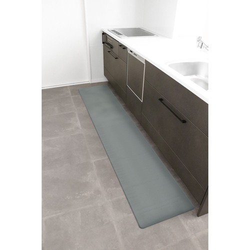 衝撃吸収PVCキッチンマット　45×240cm　無地　グレー シンプルで落ち着いたグレーの無地のマットがフラットに敷かれている様子