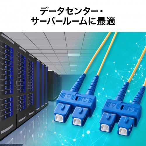 メガネ型光ファイバケーブル　SC×2-SC×2　30m　シングルモード8.6μm　1本 光ファイバケーブルが円形のコネクタに接続され、長く伸びた状態