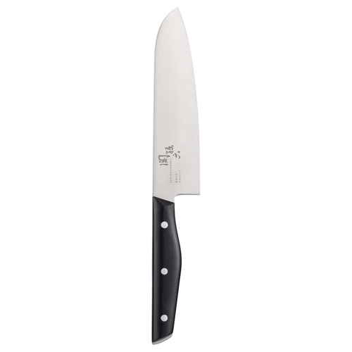 三徳包丁　関孫六　あまいろ　三徳165mm 光沢のある刃先が際立ち、木製ハンドルが美しい配色で強調されている状態