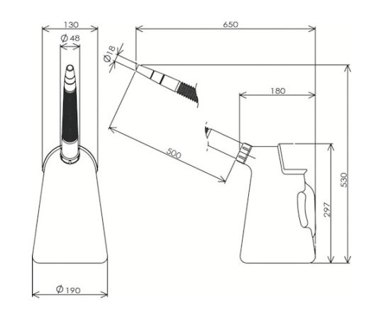 ポリジョッキロングノズル4リッター ノズル長500mm ノズルが正面に向いている四角形の容器が立てられた状態