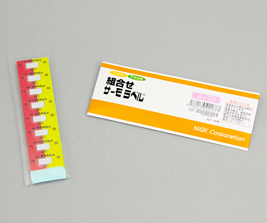 組合せサーモラベル(R)(不可逆性/可逆性)　80枚 パッケージの上面にラベルのサンプルが並ぶ様子