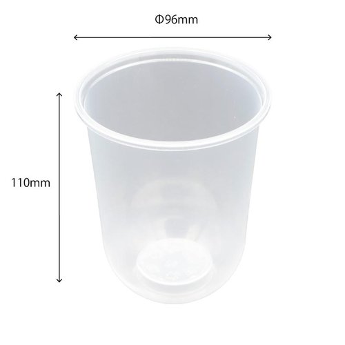 プラコップ タピオカU型カップ Q-500PP(16oz) 本体 ケーピープラテック 透明なカップが側面から見える状態で、タピオカ用の広口が強調されている。
