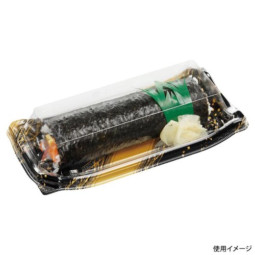 刺身容器 四季皿25-12 本体 ひし網金 エフピコ 曲線的なデザインが特徴の金色の波模様が施された容器の側面が見える状態
