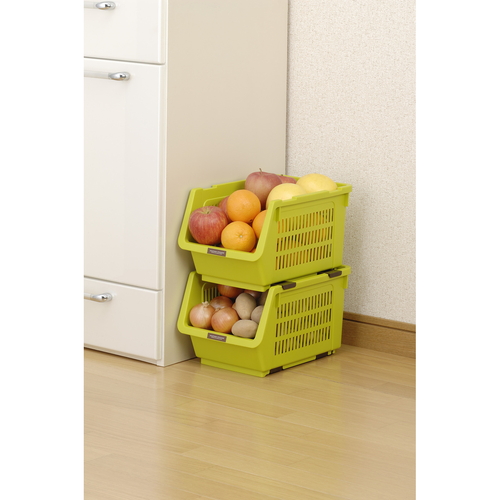 野菜ストッカー スリムストッカー じゃが玉ストッカー 同色3個セット グリーン 円形の開口部を持つ緑色のストッカーが整然と並んでいる様子