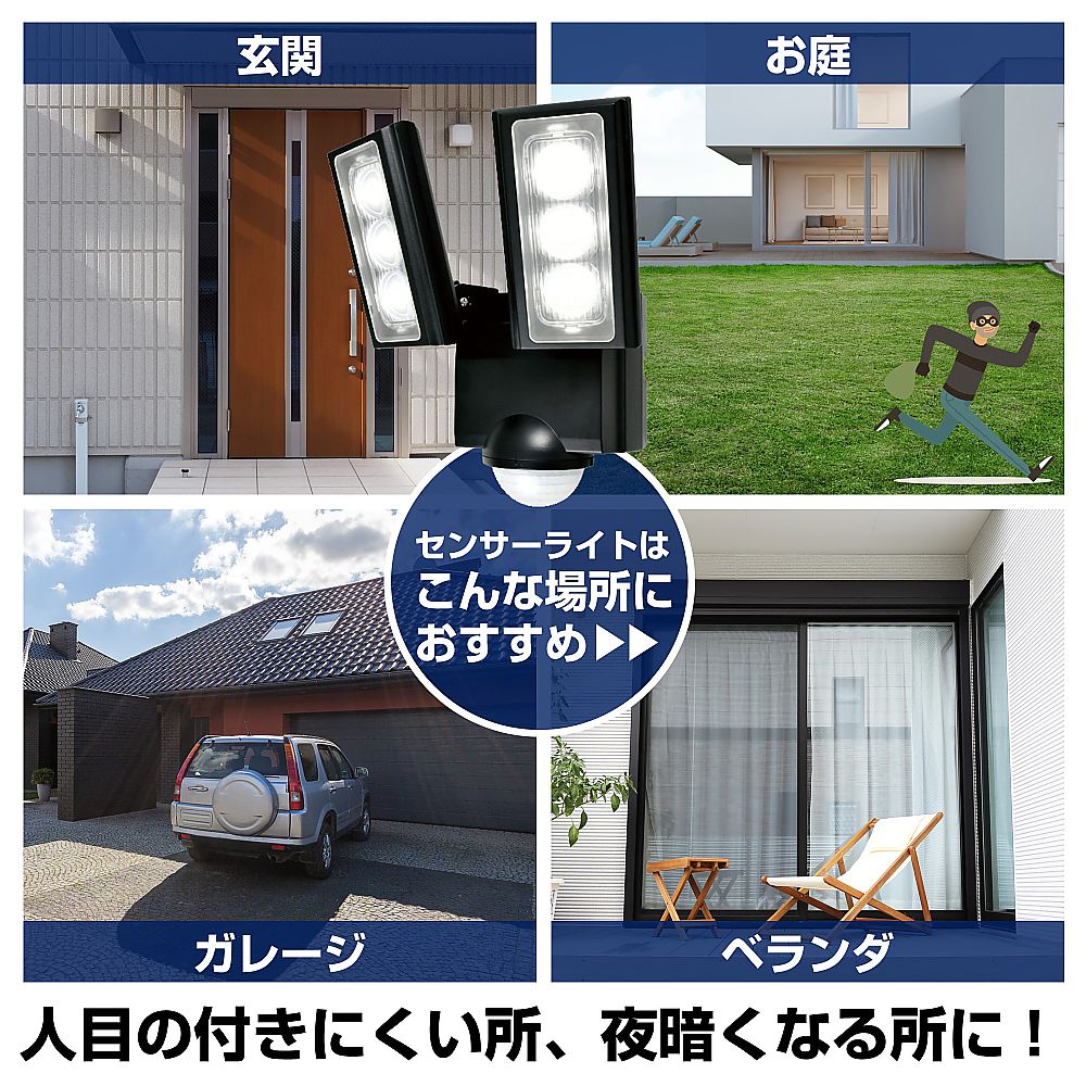 乾電池式　センサーライト 明るく輝くセンサーライトの正面、白いボディにシンプルなデザインが特徴