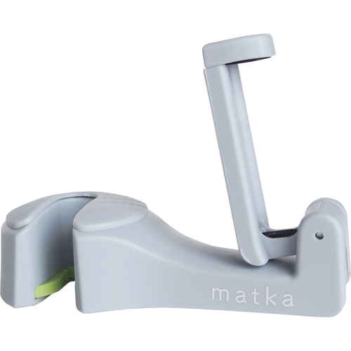 スマホホルダー　matka　ヘッドレストフック　グレー ヘッドレストフックに取り付けられたスマホホルダーの側面、グレーの質感が際立つデザイン