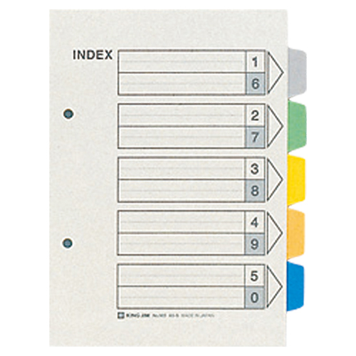 ｶﾗｰｲﾝﾃﾞｯｸｽ A5ﾀﾃ 2穴 5色5山+扉紙 1ｾｯﾄ(100組:10組×10ﾊﾟｯｸ)画像