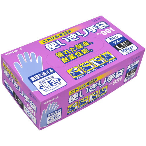 ﾓﾃﾞﾙﾛｰﾌﾞNo.991ﾆﾄﾘﾙ使いきり手袋 粉無 L ﾌﾞﾙｰ 1ｾｯﾄ(300枚:100枚×3箱)画像