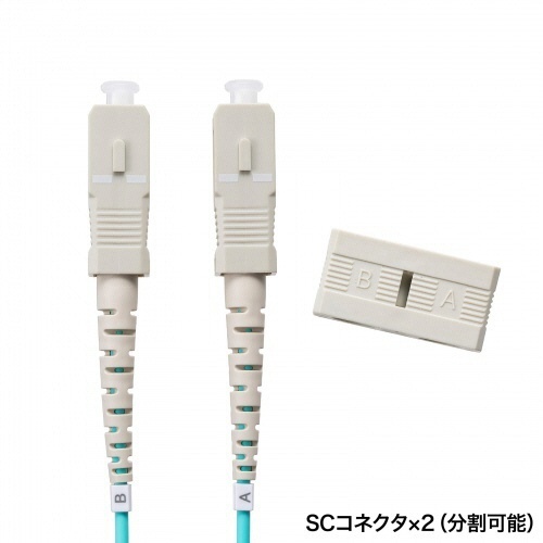 メガネ型光ファイバケーブル　SC×2-SC×2　3m　マルチモード50μm　OM3　アクア　1本 鮮やかなアクア色の光ファイバケーブルが穏やかに曲がっている様子