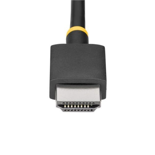 HDMI　2.1-DisplayPort　1.4変換ケーブル　30cm　スペースグレー/ブラック　1本 ケーブルが背景とコントラストを成す状態で、先端がわずかに曲がっている様子